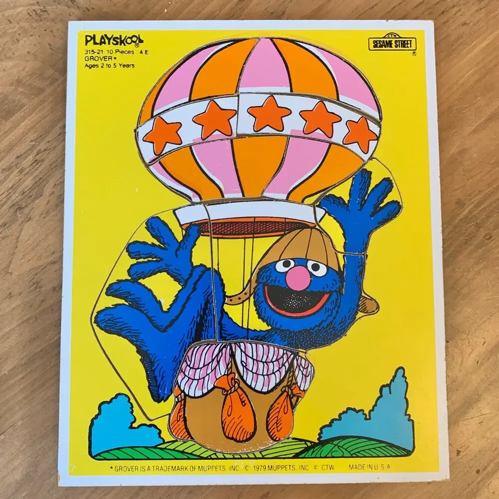 Playskool Puzzle Grover Hot Air Balloon Sesame Street Vtg 10 Wooden Pieces 1979